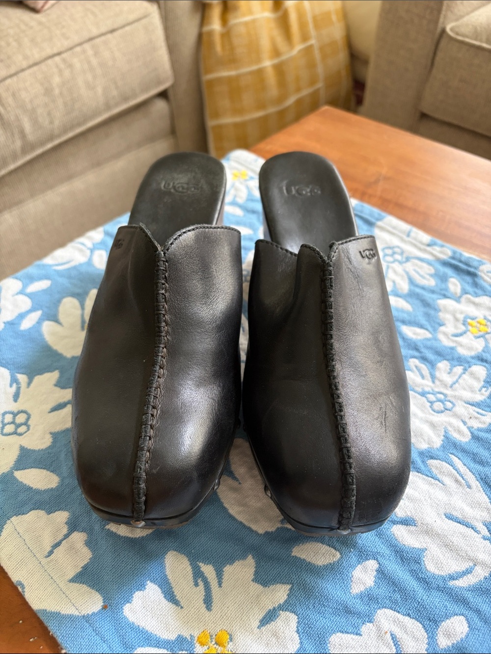 UGG Women's Black Leather Slip-On Clogs